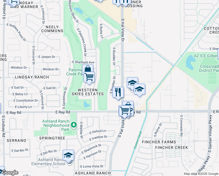 map of restaurants, bars, coffee shops, grocery stores, and more near 1456 South Boulder Street in Gilbert