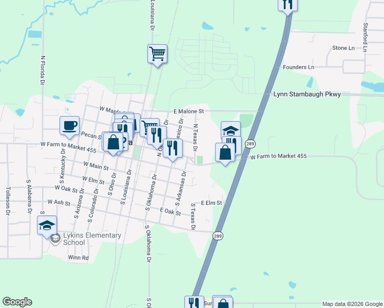 map of restaurants, bars, coffee shops, grocery stores, and more near 504 East Pecan Street in Celina
