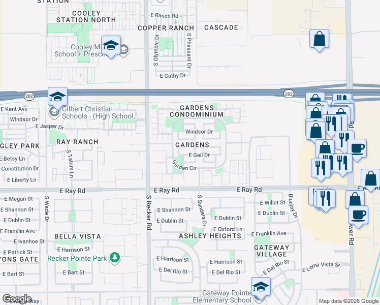 map of restaurants, bars, coffee shops, grocery stores, and more near 4162 East Gail Drive in Gilbert