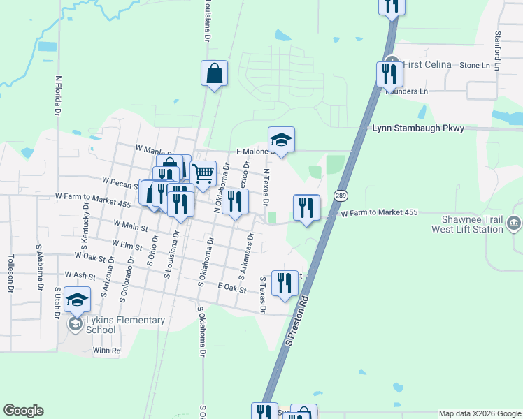 map of restaurants, bars, coffee shops, grocery stores, and more near 504 East Pecan Street in Celina