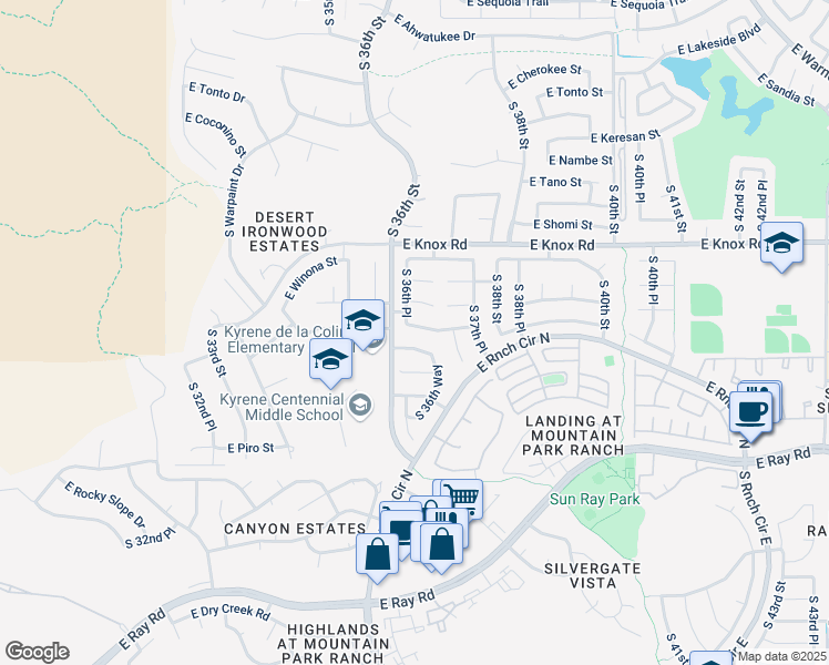 map of restaurants, bars, coffee shops, grocery stores, and more near 3625 East Desert Flower Lane in Phoenix
