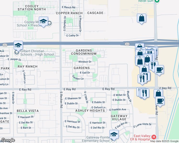 map of restaurants, bars, coffee shops, grocery stores, and more near 4228 East Gail Drive in Gilbert