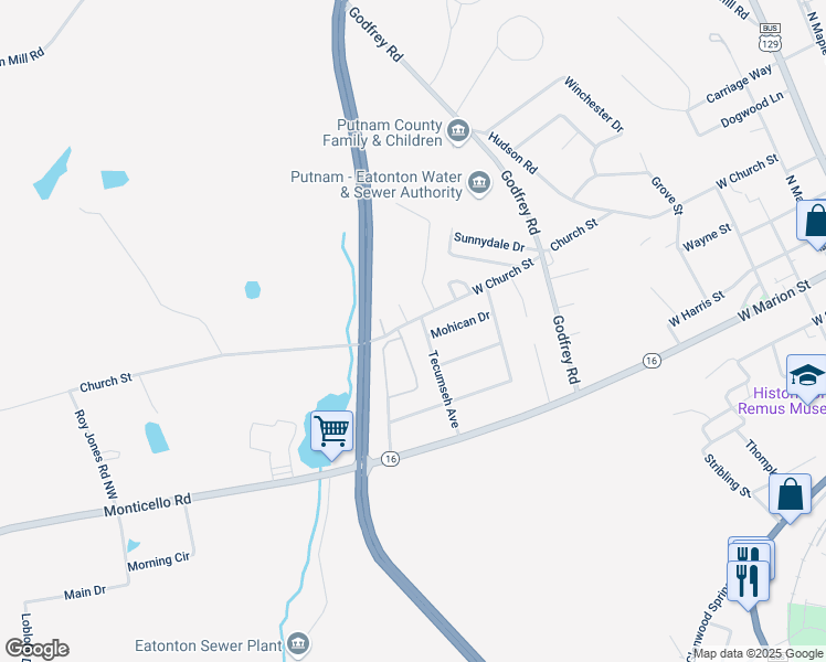 map of restaurants, bars, coffee shops, grocery stores, and more near 307 Tecumseh Avenue in Eatonton