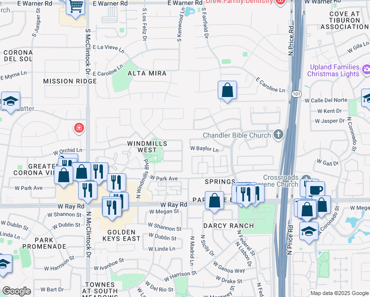 map of restaurants, bars, coffee shops, grocery stores, and more near 1211 North Kenwood Lane in Chandler