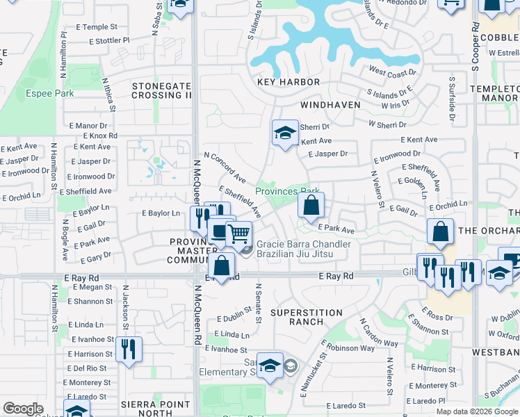 map of restaurants, bars, coffee shops, grocery stores, and more near 1141 East Baylor Lane in Chandler
