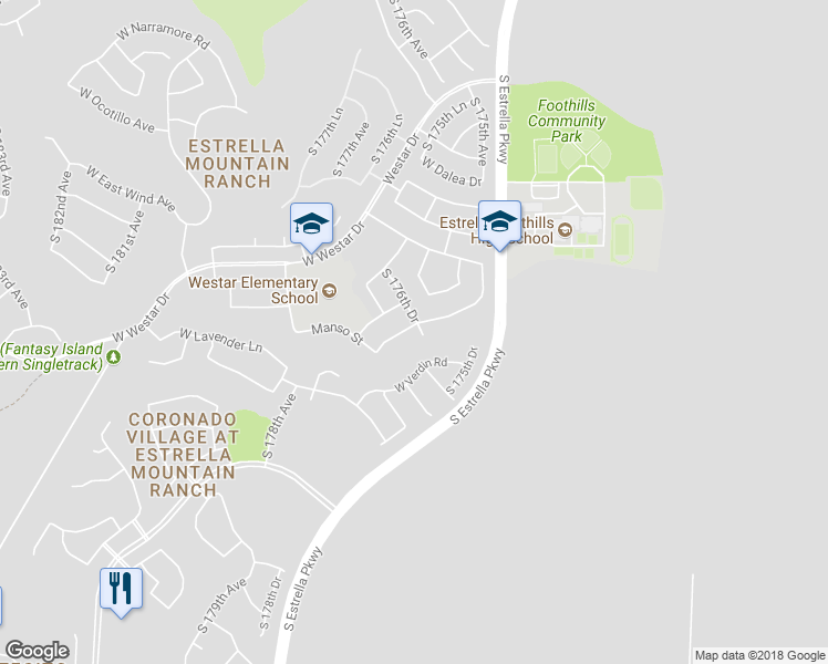 map of restaurants, bars, coffee shops, grocery stores, and more near 17603 West Lavender Lane in Goodyear