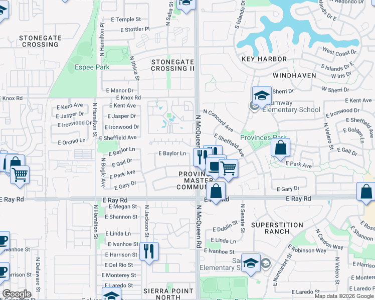 map of restaurants, bars, coffee shops, grocery stores, and more near 960 East Baylor Lane in Chandler
