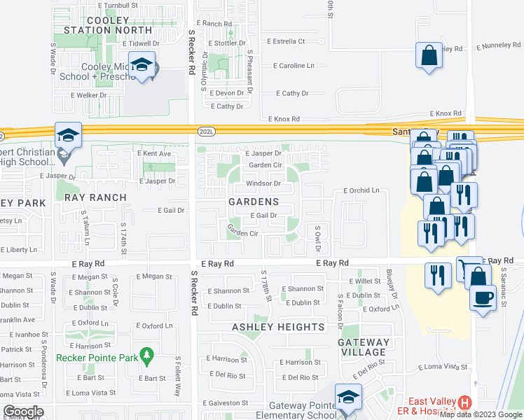 map of restaurants, bars, coffee shops, grocery stores, and more near 4162 East Gail Drive in Gilbert