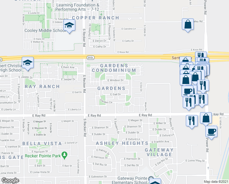 map of restaurants, bars, coffee shops, grocery stores, and more near 4162 East Gail Drive in Gilbert
