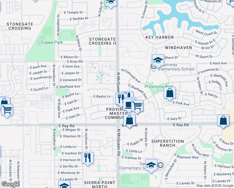 map of restaurants, bars, coffee shops, grocery stores, and more near 960 East Baylor Lane in Chandler
