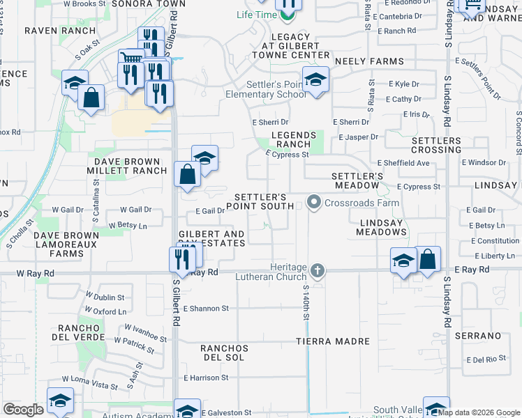 map of restaurants, bars, coffee shops, grocery stores, and more near 250 E Gail Ct in Gilbert