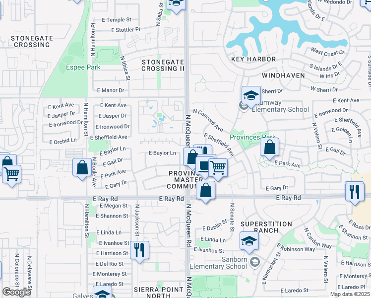 map of restaurants, bars, coffee shops, grocery stores, and more near 960 East Baylor Lane in Chandler