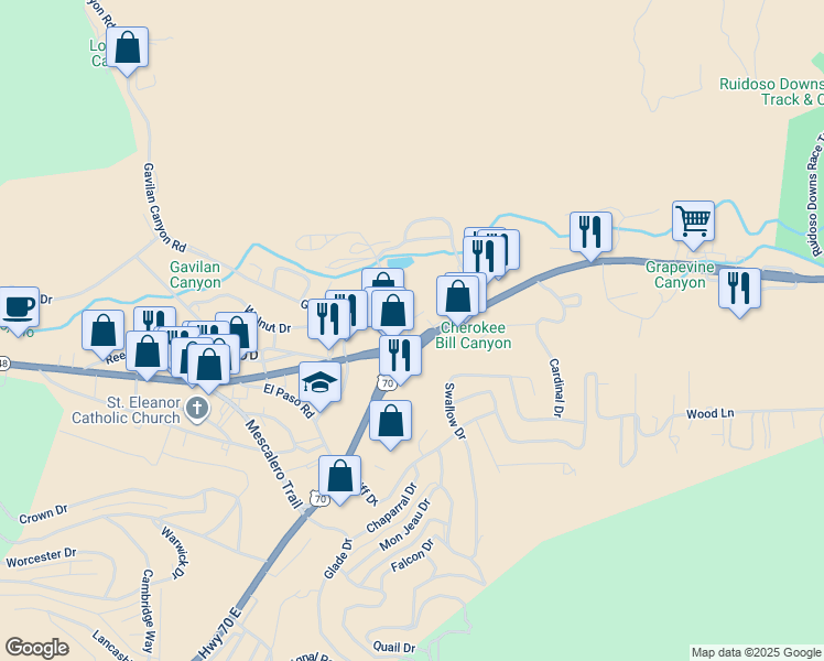 map of restaurants, bars, coffee shops, grocery stores, and more near 100 Gavilan Canyon Road in Ruidoso