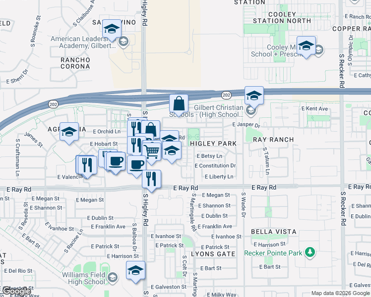 map of restaurants, bars, coffee shops, grocery stores, and more near 1453 South Martingale Road in Gilbert