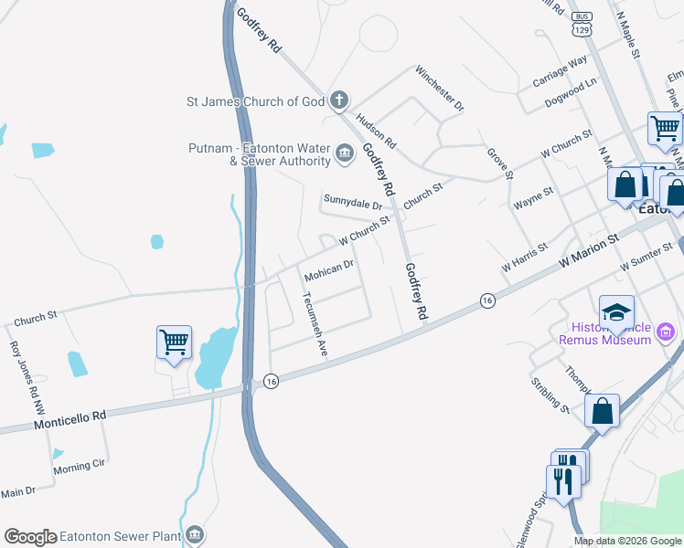 map of restaurants, bars, coffee shops, grocery stores, and more near 107 Mohican Drive in Eatonton