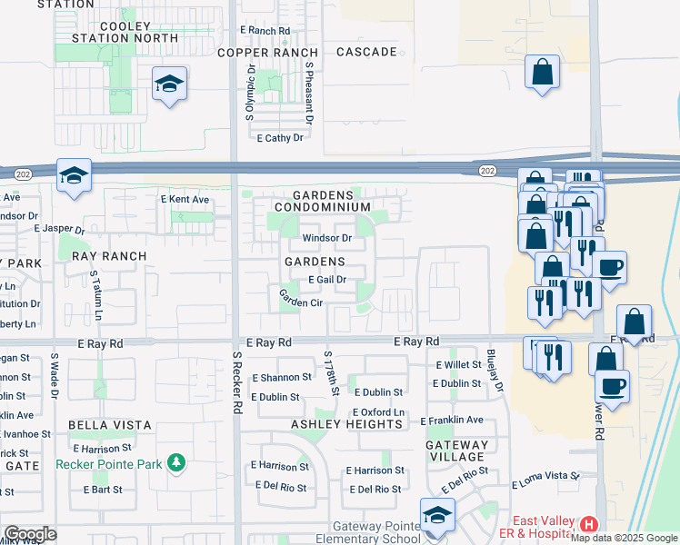map of restaurants, bars, coffee shops, grocery stores, and more near 4228 East Gail Drive in Gilbert