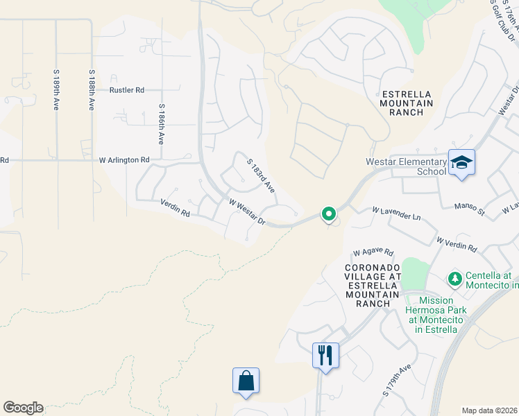 map of restaurants, bars, coffee shops, grocery stores, and more near 18342 Verdin Road in Goodyear