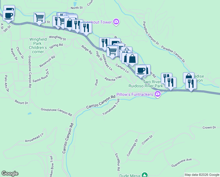 map of restaurants, bars, coffee shops, grocery stores, and more near 401-499 Squaw Trail in Ruidoso