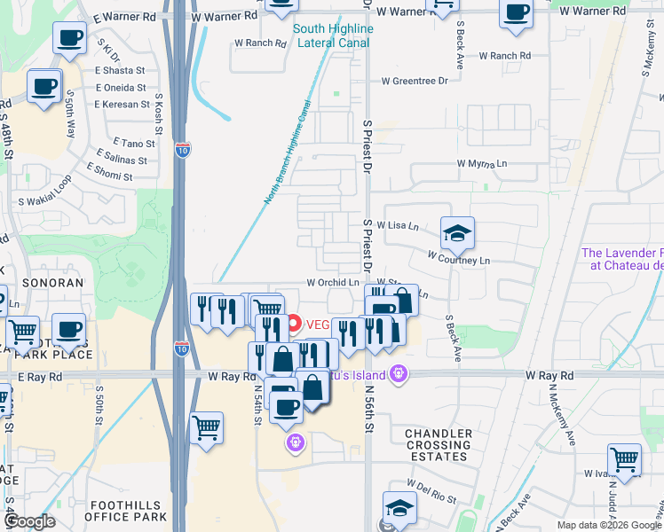 map of restaurants, bars, coffee shops, grocery stores, and more near 7068 West Carter Drive in Chandler