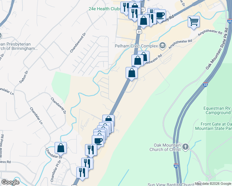 map of restaurants, bars, coffee shops, grocery stores, and more near Opportunity Drive in Pelham