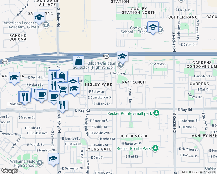 map of restaurants, bars, coffee shops, grocery stores, and more near 3528 East Orchid Lane in Gilbert
