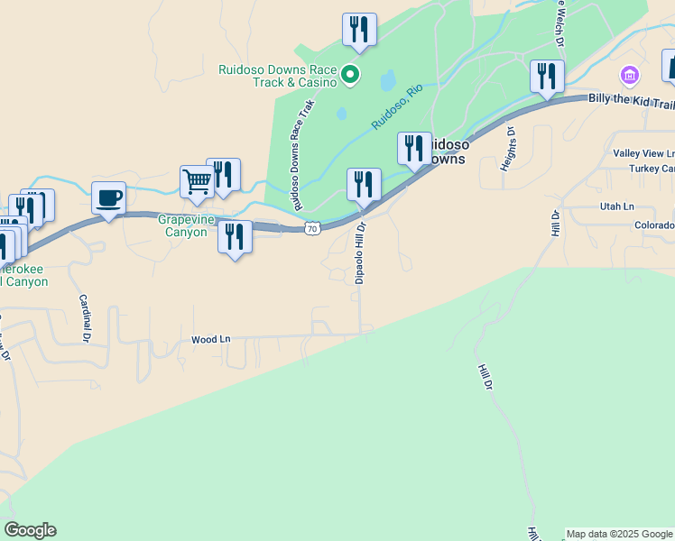 map of restaurants, bars, coffee shops, grocery stores, and more near 114 Dipaolo Drive in Ruidoso Downs
