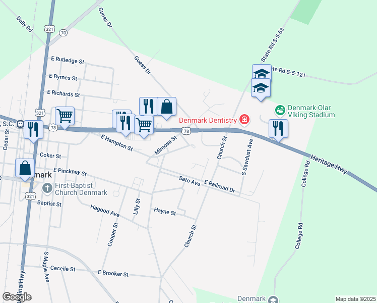 map of restaurants, bars, coffee shops, grocery stores, and more near 81 East Hampton Street in Denmark