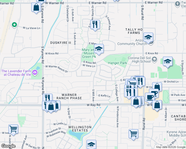 map of restaurants, bars, coffee shops, grocery stores, and more near 39 West Stacey Lane in Tempe