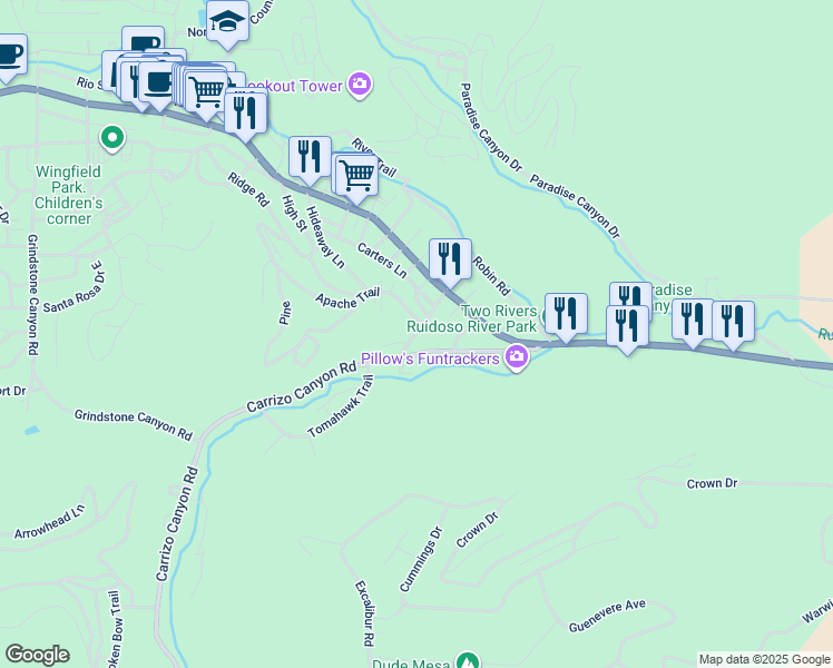 map of restaurants, bars, coffee shops, grocery stores, and more near 216 Carrizo Canyon Road in Ruidoso