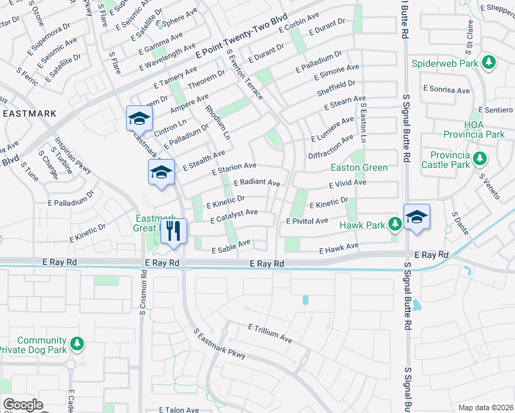 map of restaurants, bars, coffee shops, grocery stores, and more near 10335 East Catalyst Avenue in Mesa