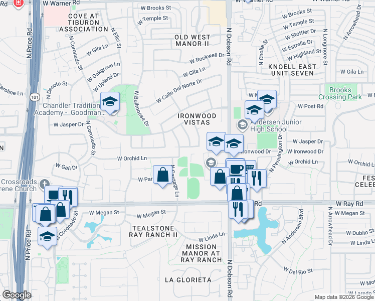 map of restaurants, bars, coffee shops, grocery stores, and more near 2223 West Ironwood Drive in Chandler