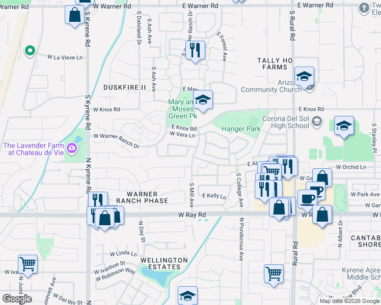 map of restaurants, bars, coffee shops, grocery stores, and more near 39 West Stacey Lane in Tempe
