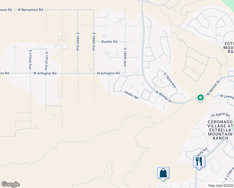 map of restaurants, bars, coffee shops, grocery stores, and more near 18645 W Verdin Rd in Goodyear