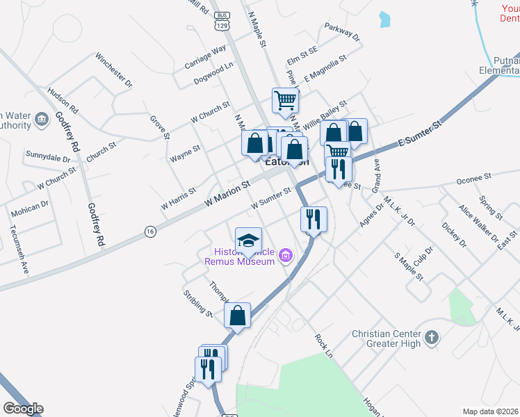 map of restaurants, bars, coffee shops, grocery stores, and more near 202 West Walnut Street in Eatonton