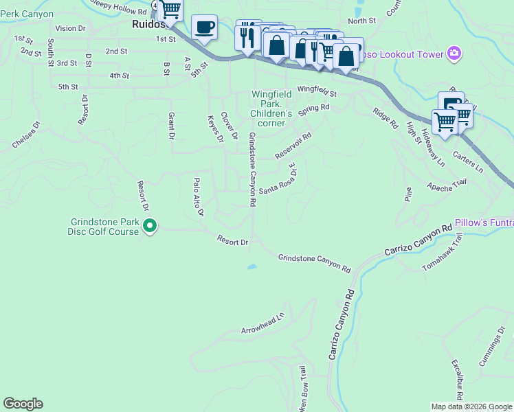 map of restaurants, bars, coffee shops, grocery stores, and more near 505 Grindstone Canyon Road in Ruidoso