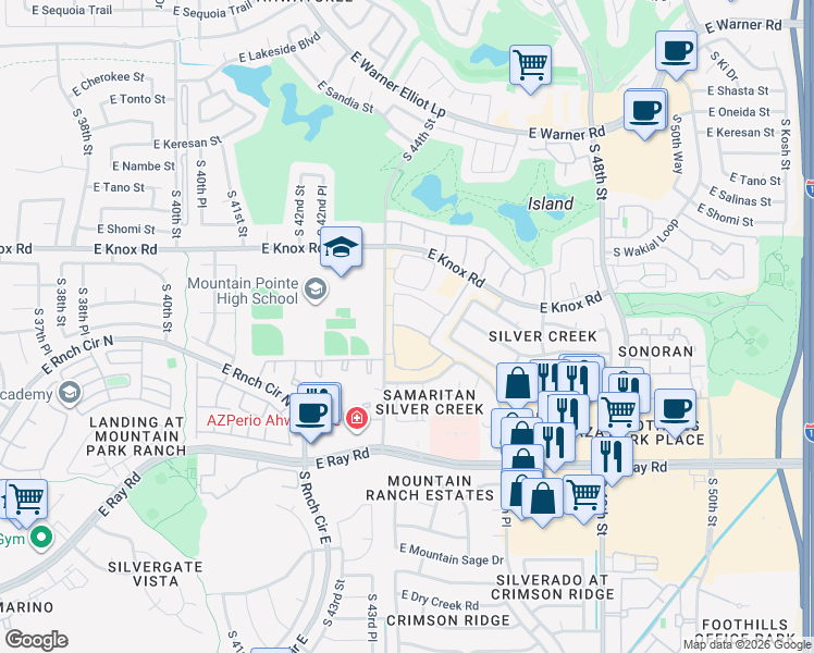 map of restaurants, bars, coffee shops, grocery stores, and more near 13601 South 44th Street in Phoenix