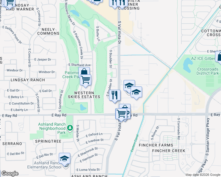 map of restaurants, bars, coffee shops, grocery stores, and more near 1456 South Boulder Street in Gilbert