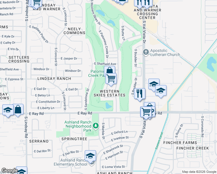 map of restaurants, bars, coffee shops, grocery stores, and more near 1370 East Gail Court in Gilbert