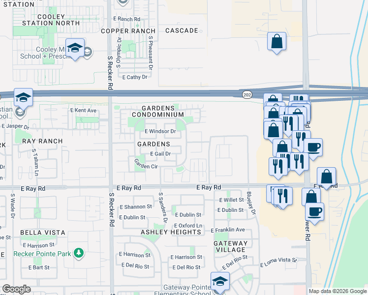 map of restaurants, bars, coffee shops, grocery stores, and more near 1471 South Heron Lane in Gilbert