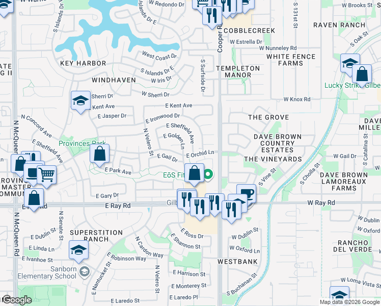map of restaurants, bars, coffee shops, grocery stores, and more near 1191 North Amber Street in Chandler
