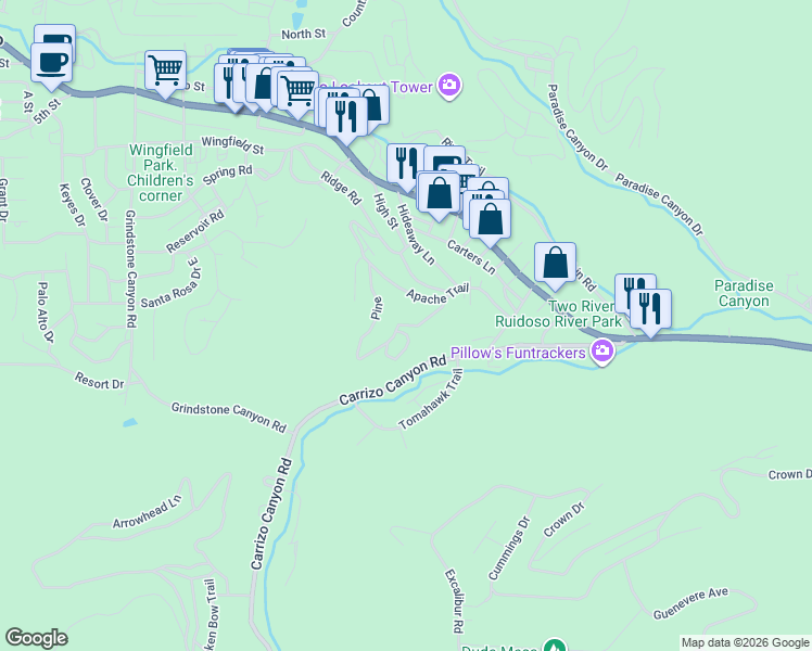 map of restaurants, bars, coffee shops, grocery stores, and more near 401 Squaw Trail in Ruidoso