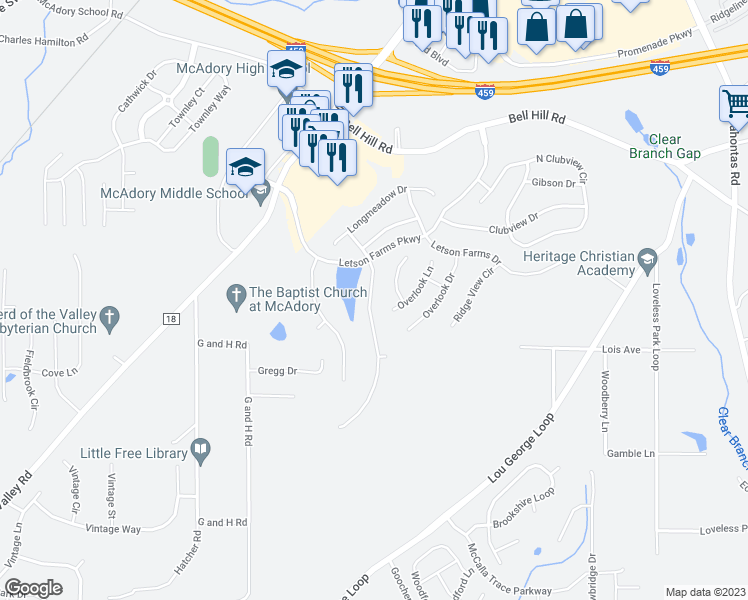 map of restaurants, bars, coffee shops, grocery stores, and more near 6252 Letson Farm Trail in Bessemer