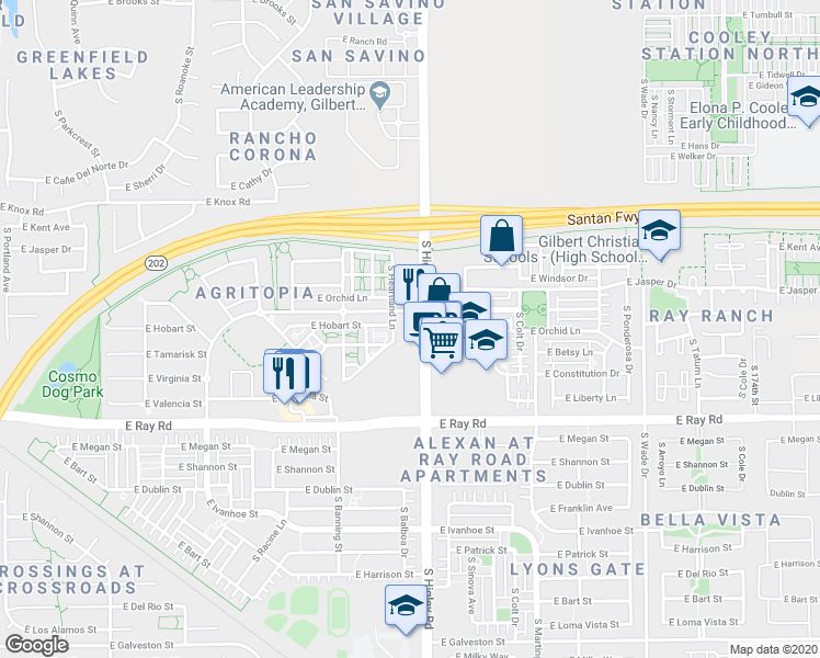 map of restaurants, bars, coffee shops, grocery stores, and more near 1440 South Higley Road in Gilbert
