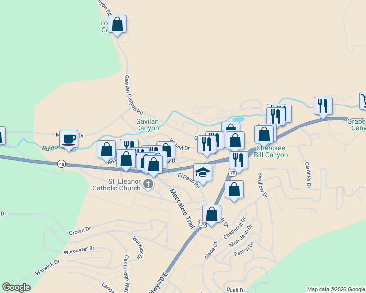 map of restaurants, bars, coffee shops, grocery stores, and more near 393-489 Walnut Drive in Ruidoso