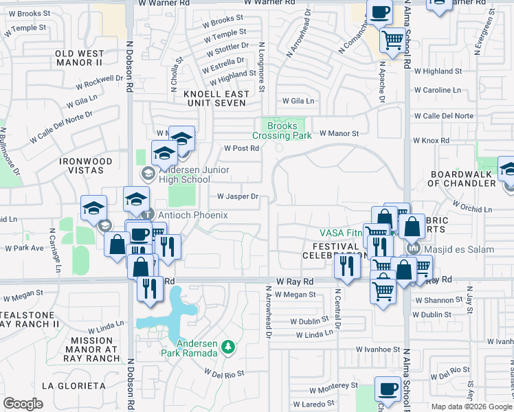map of restaurants, bars, coffee shops, grocery stores, and more near 1551 West Ironwood Drive in Chandler