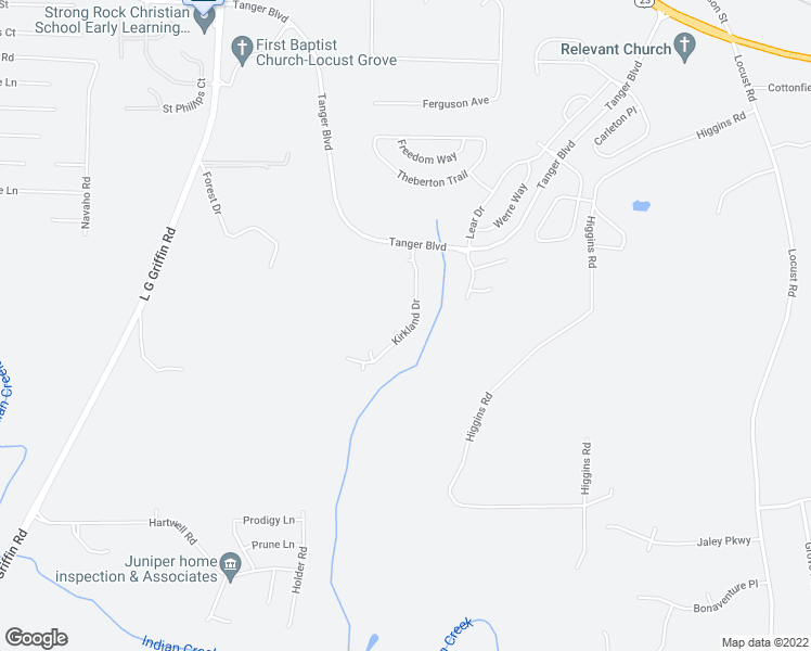 map of restaurants, bars, coffee shops, grocery stores, and more near 488 Kirkland Drive in Locust Grove