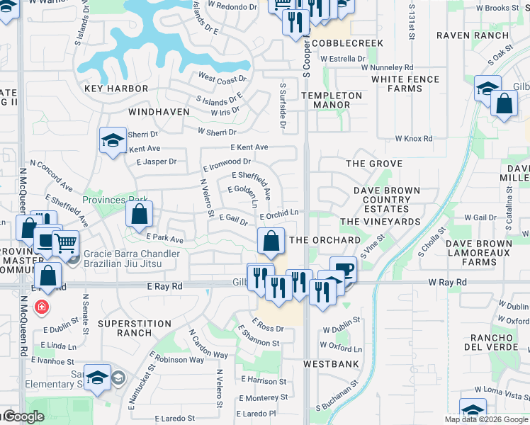 map of restaurants, bars, coffee shops, grocery stores, and more near 1777 East Sheffield Avenue in Chandler