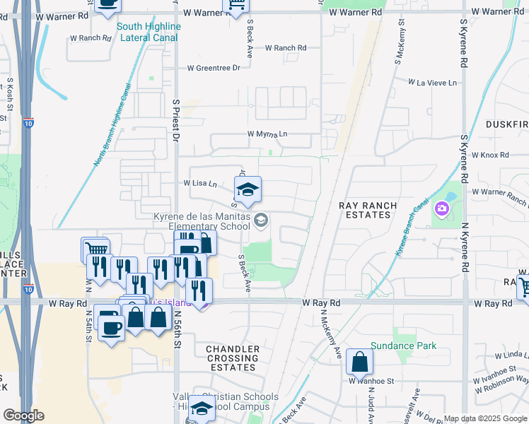 map of restaurants, bars, coffee shops, grocery stores, and more near 1201 West Courtney Lane in Tempe