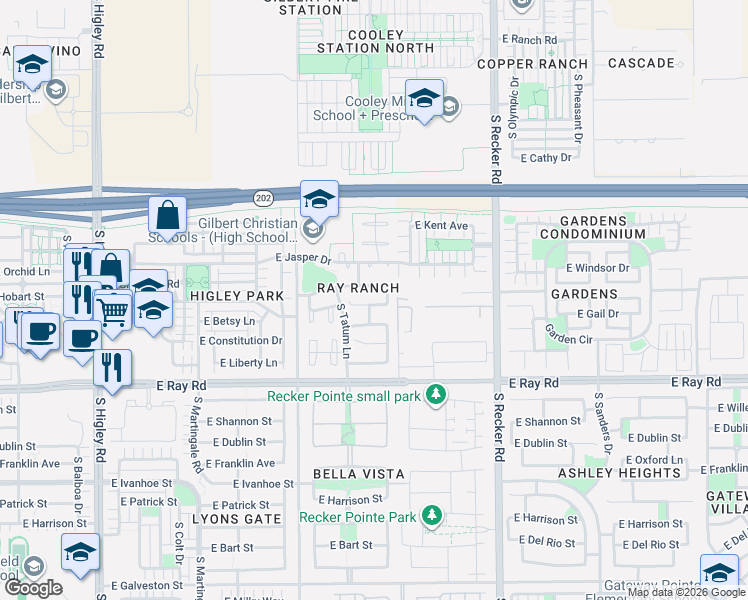 map of restaurants, bars, coffee shops, grocery stores, and more near 3749 East Orchid Lane in Gilbert