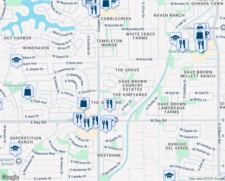 map of restaurants, bars, coffee shops, grocery stores, and more near 734 West Gail Court in Gilbert